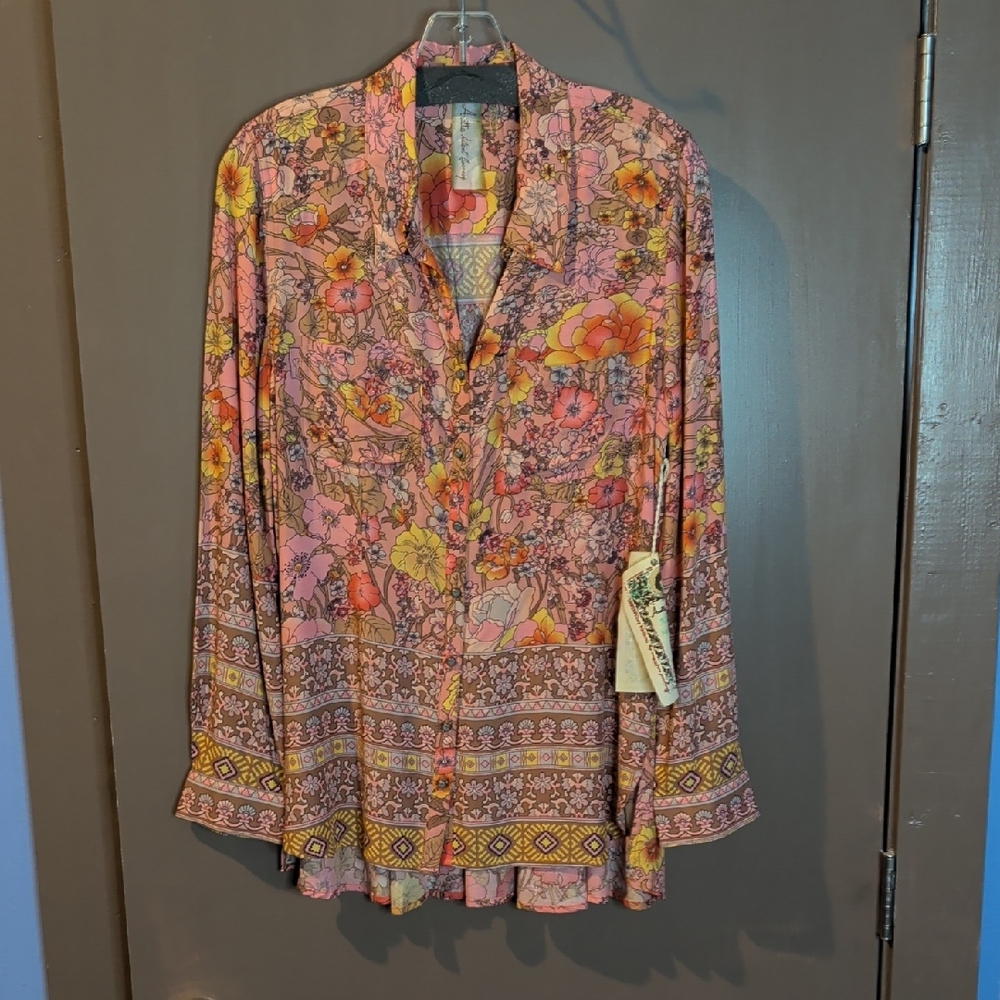 ARATTA Floral Pink and Yellow PEPLUM BACK 100% Rayon Blouse